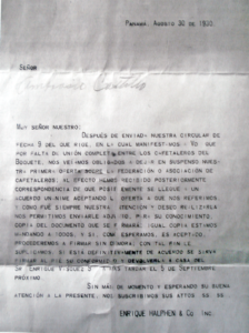 1930's letter regarding Boquete coffee growers and coffe expoerter Company Halphedn